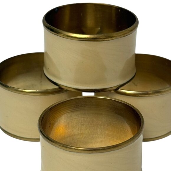 Set of 4 Napkin Rings Vintage Beige Enamel Brass Gold Tone Metal - Picture 2 of 7